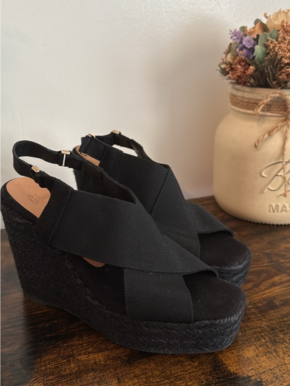 Castaner Black Crisscross Slingback Espadrille Wedges